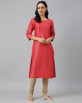 woven design straight kurta with embellished neckline