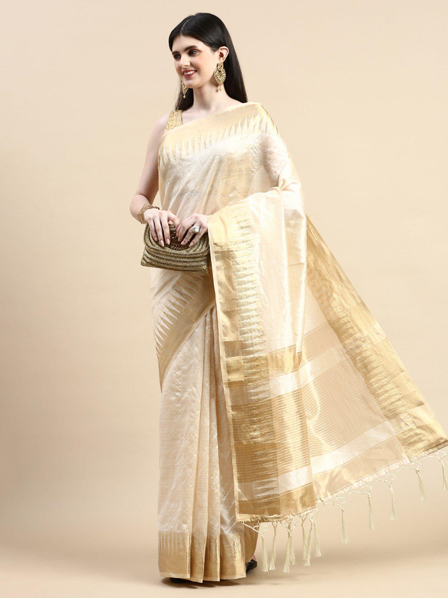 woven design zari silk cotton saree beige with unstitched blouse