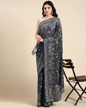 woven floral print saree with contrast border