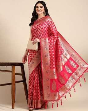 woven floral print saree with contrast pallu