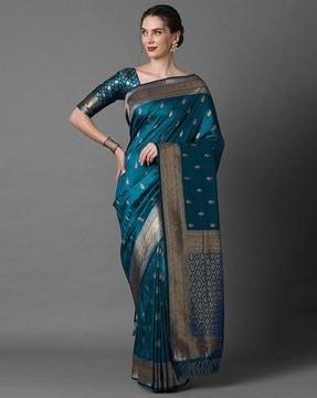 woven floral saree with contrast border