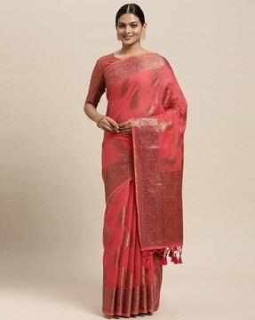 woven floral saree with contrast border