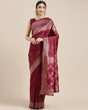 woven floral saree with contrast border