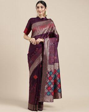 woven floral saree with contrast border