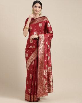 woven floral saree with contrast border