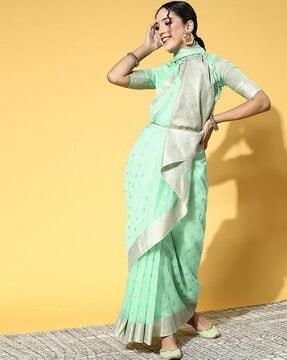 woven floral saree with contrast border