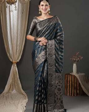 woven floral saree with contrast border