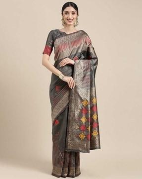 woven floral saree with contrast border