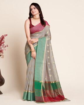 woven floral saree with contrast border