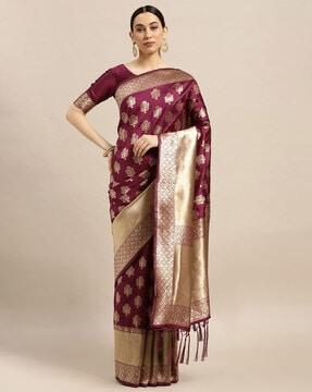 woven floral saree with contrast border