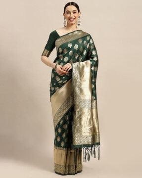 woven floral saree with contrast border