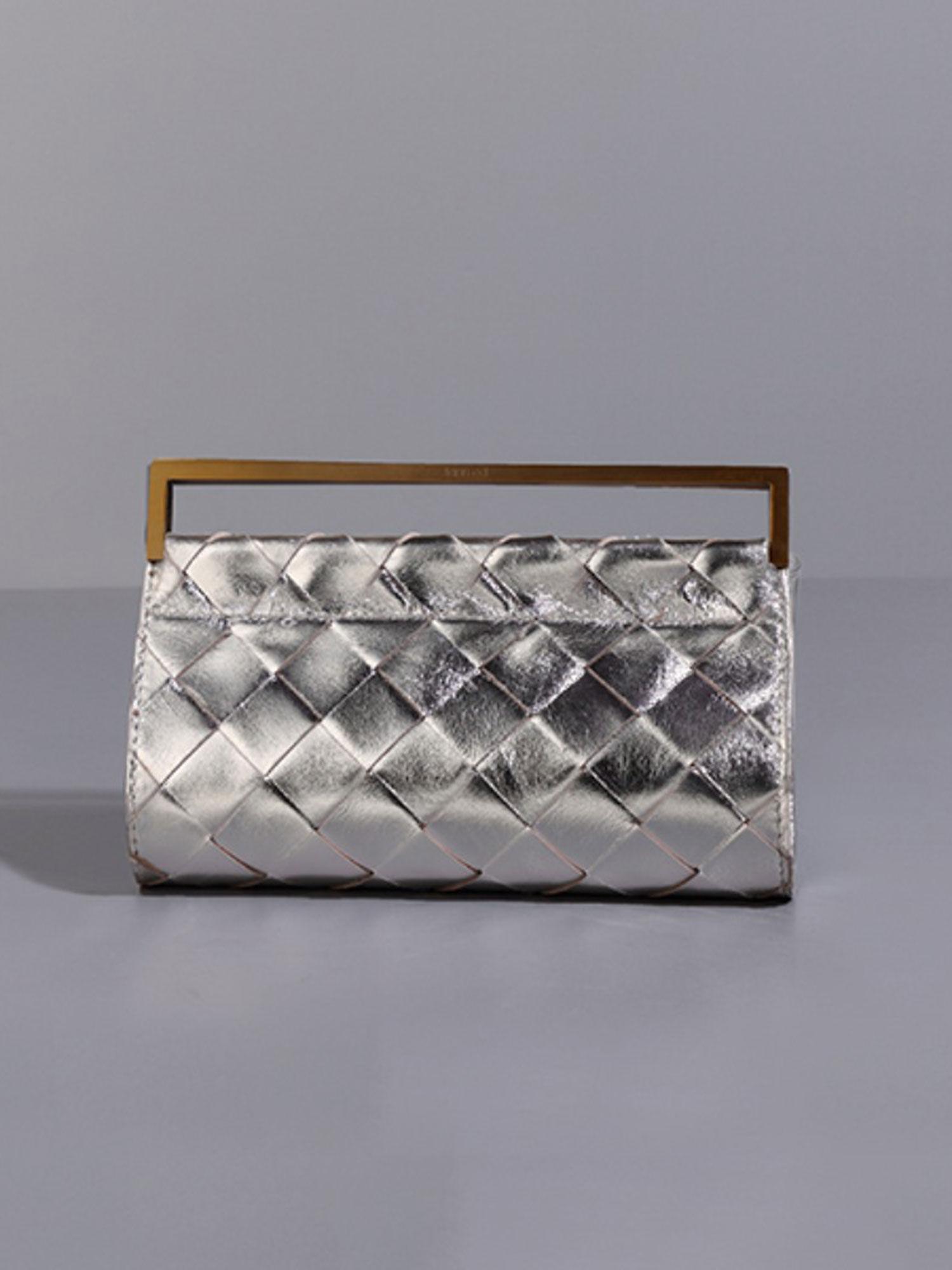 woven fold over clutch - silver