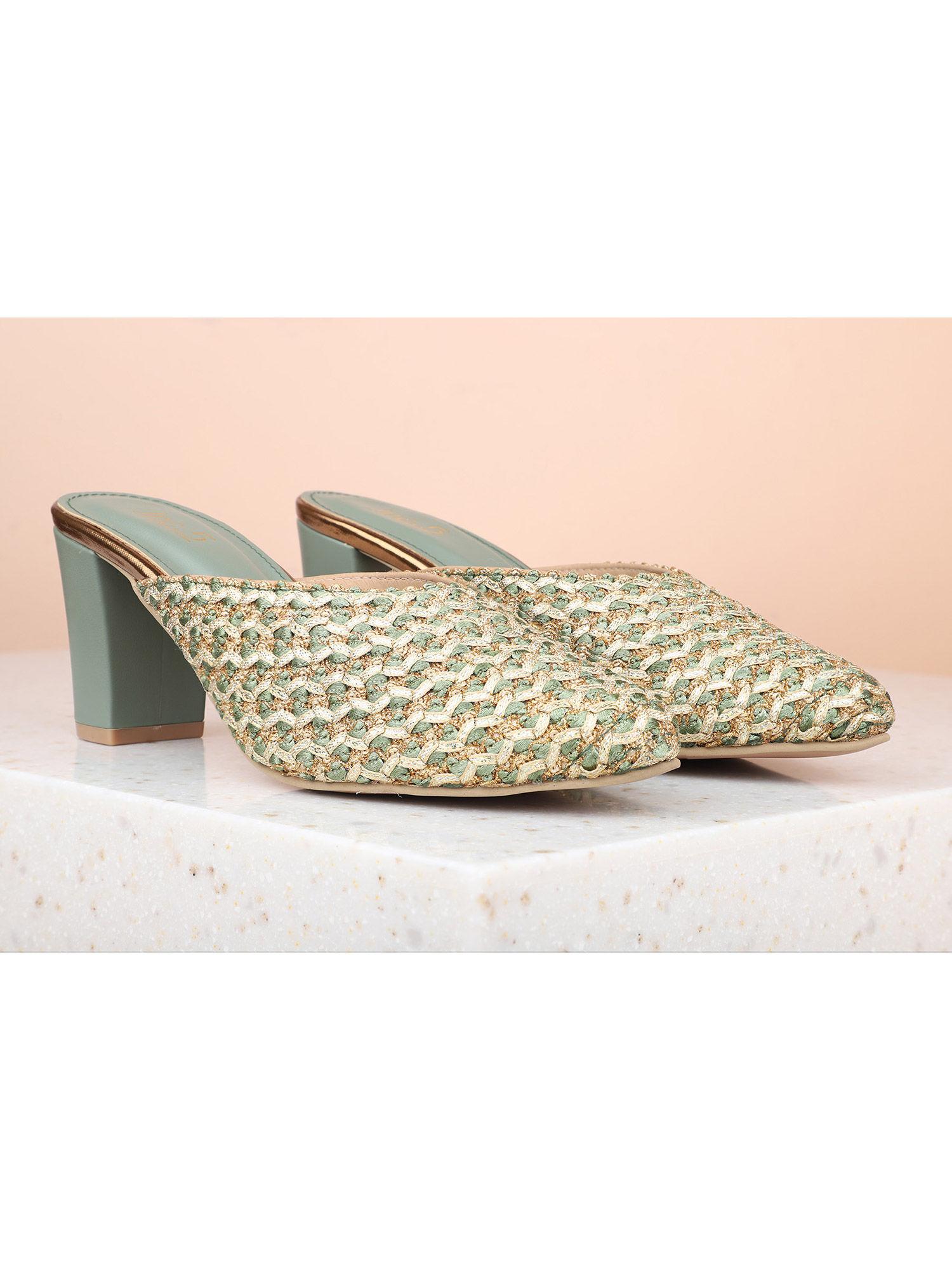 woven green block mules