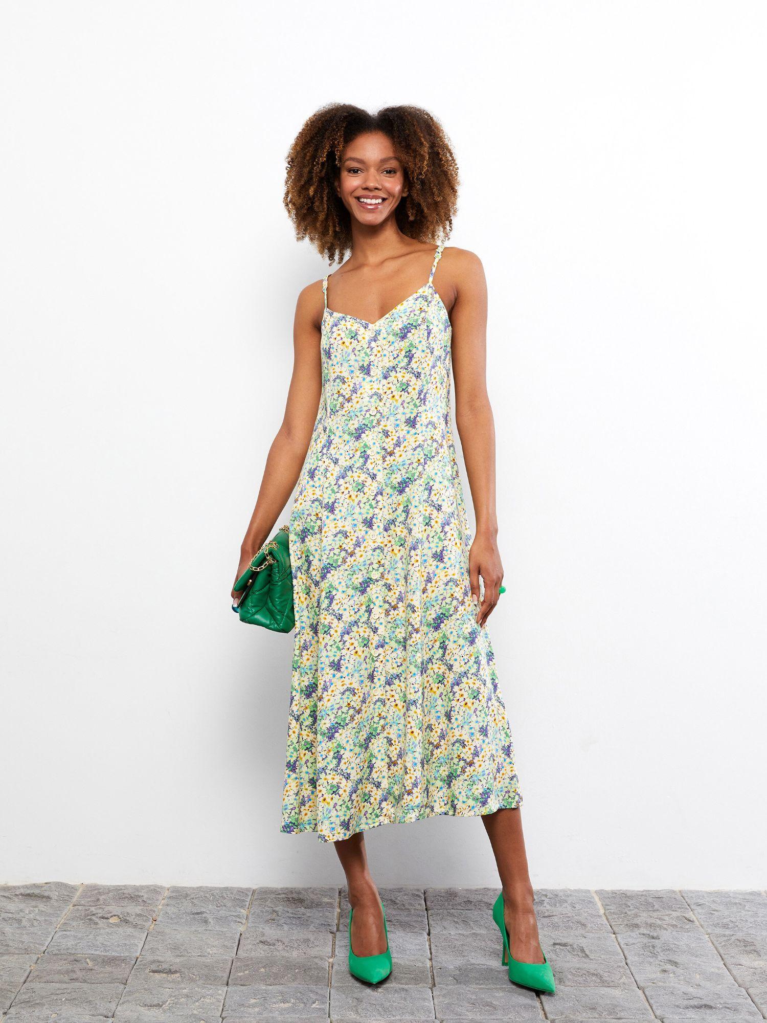 woven green printed midi dress