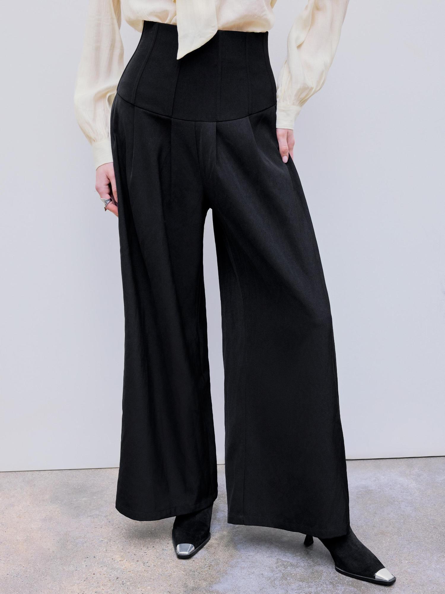 woven high rise pleated wide leg trousers