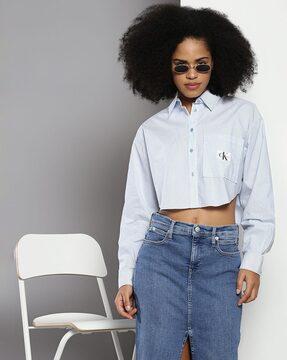 woven label cropped long-sleeve shirt