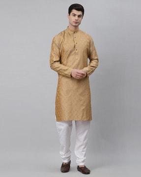 woven long kurta with band collar