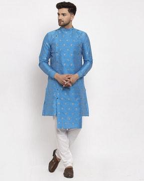 woven long kurta with band collar