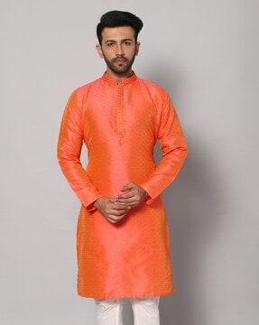 woven long kurta with mandarin collar