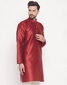 woven long kurta with mandarin collar