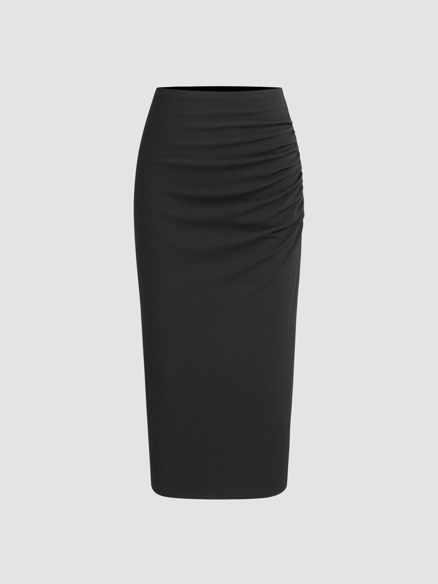 woven mid rise solid ruched maxi skirt