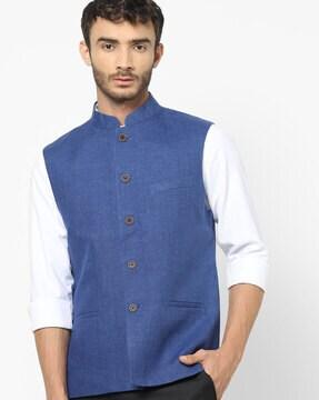 woven nehru jacket with welt pockets