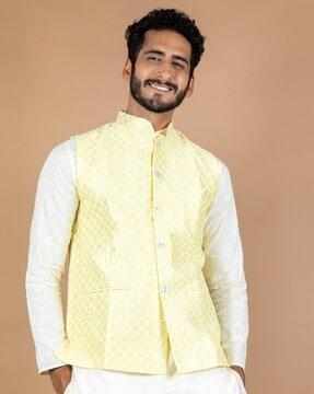 woven nehru jacket with welt pockets