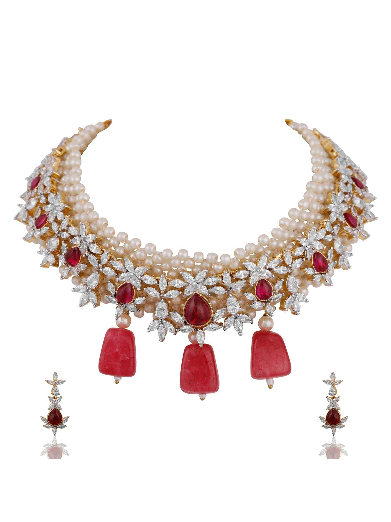 woven pearls red necklace set