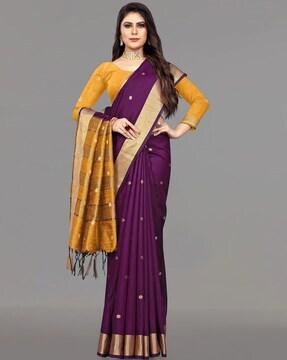 woven raw silk saree with tassels