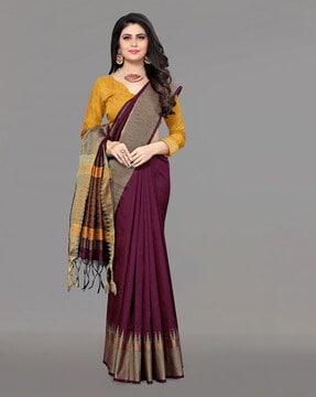 woven raw silk saree with tassels