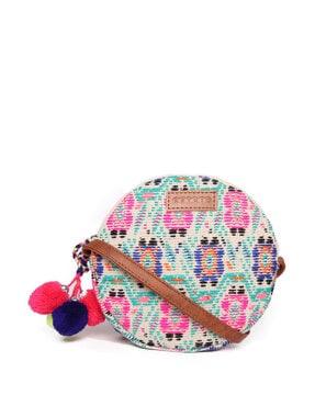 woven round sling bag with pom poms