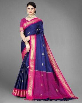 woven saree with contrast border & tassels