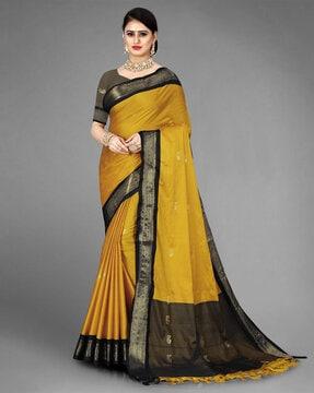 woven saree with contrast border & tassels