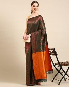 woven saree with contrast border and tassels