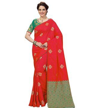 woven saree with contrast pallu