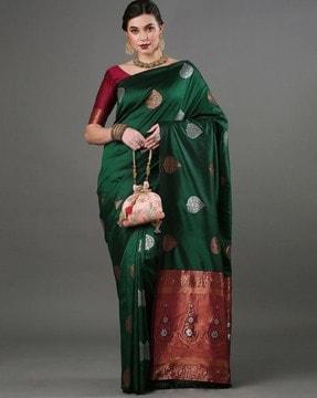 woven saree with contrast pallu