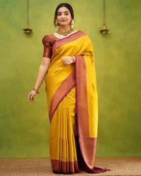 woven saree with contrast zari border & tassels