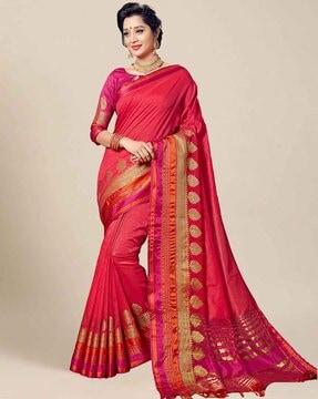 woven saree with tasselled border