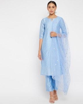 woven straight kurta set with dupatta