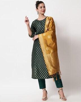 woven straight kurta set with dupatta