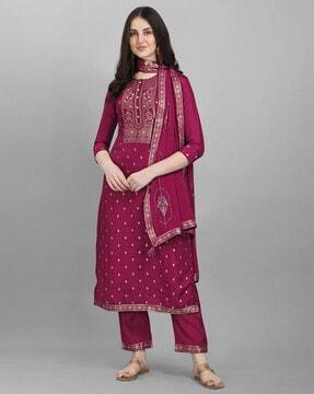 woven straight kurta set with dupatta