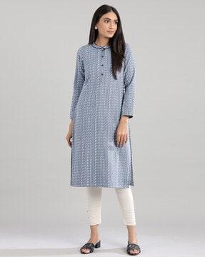 woven straight kurta with mandarin collar