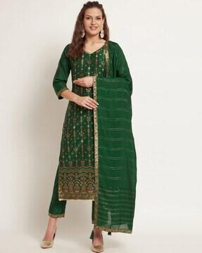 woven straight kurta with pants & dupatta