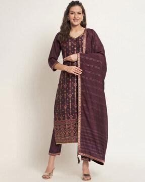 woven straight kurta with pants & dupatta