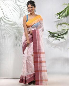 woven tant saree with contrast border