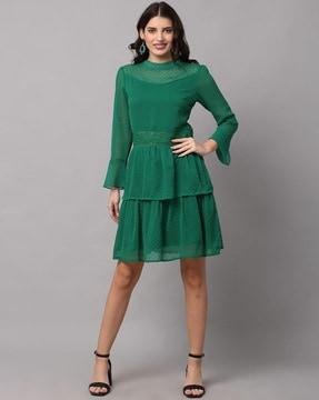 woven tiered dress with bell sleeves