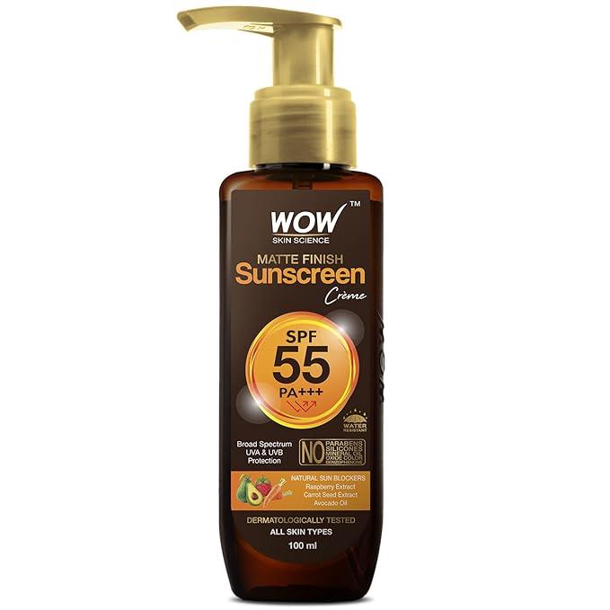 wow skin science sunscreen spf 55 pa+++ matte look ultra light | broad spectrum- uva&uvb protection |no white cast | with raspberry rich in vitamin c, avocado, and carrot seed extract | no parabens, sulphates |all skin types | for women & men- 100ml
