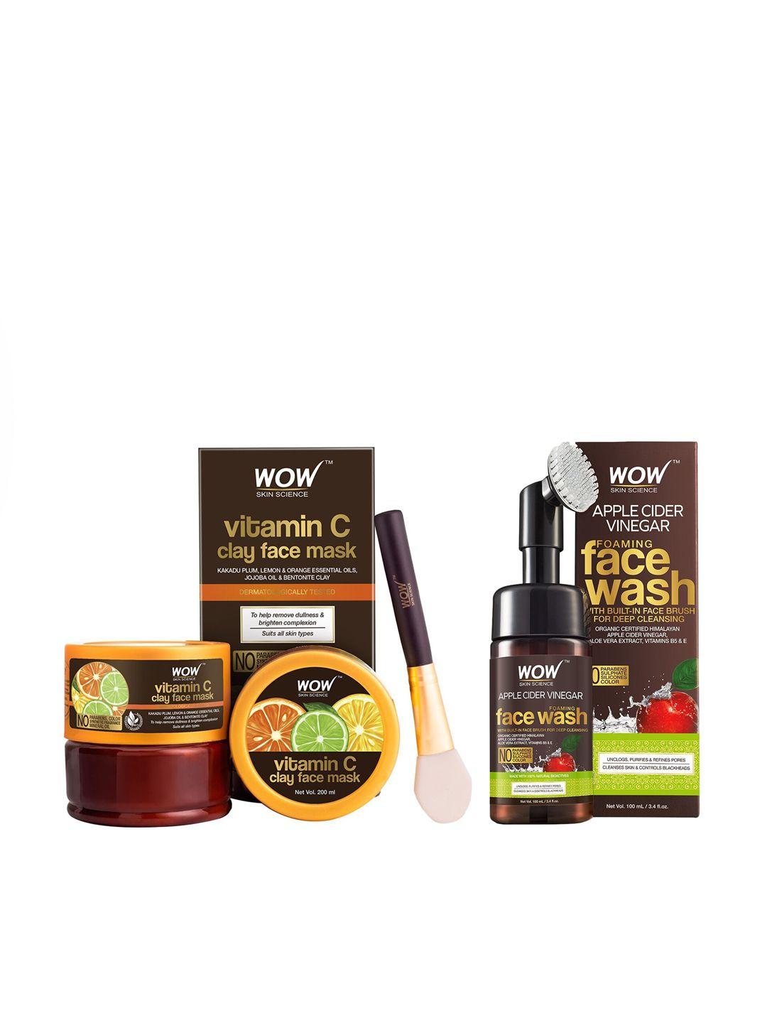 wow skin science unisex set of acv face wash & clay mask - 300 ml