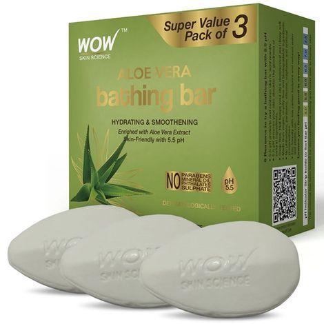 wow skin science aloe vera bathing bar for skin hydration and smoothening - suits all skin types, no phthalates, parabens, silicone, sulphates, and artificial preservatives - 225g