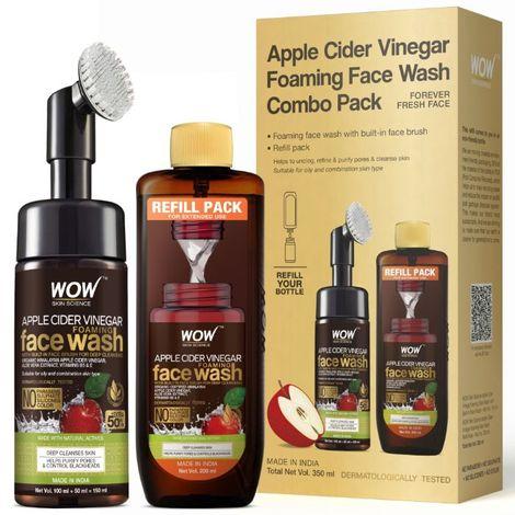 wow skin science apple cider vinegar foaming face wash + refill combo pack - 350ml